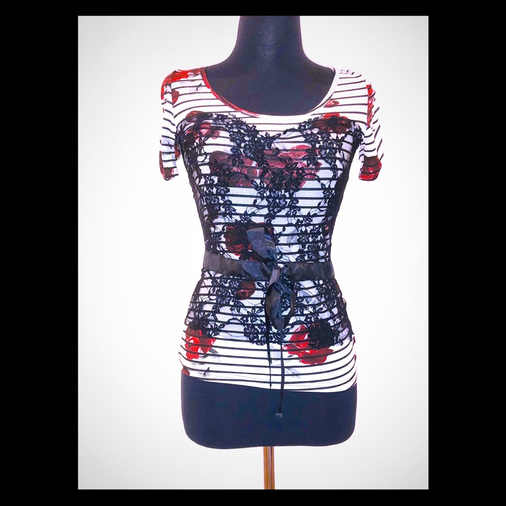 Morgan De Toi Striped Sweetheart Lace Top